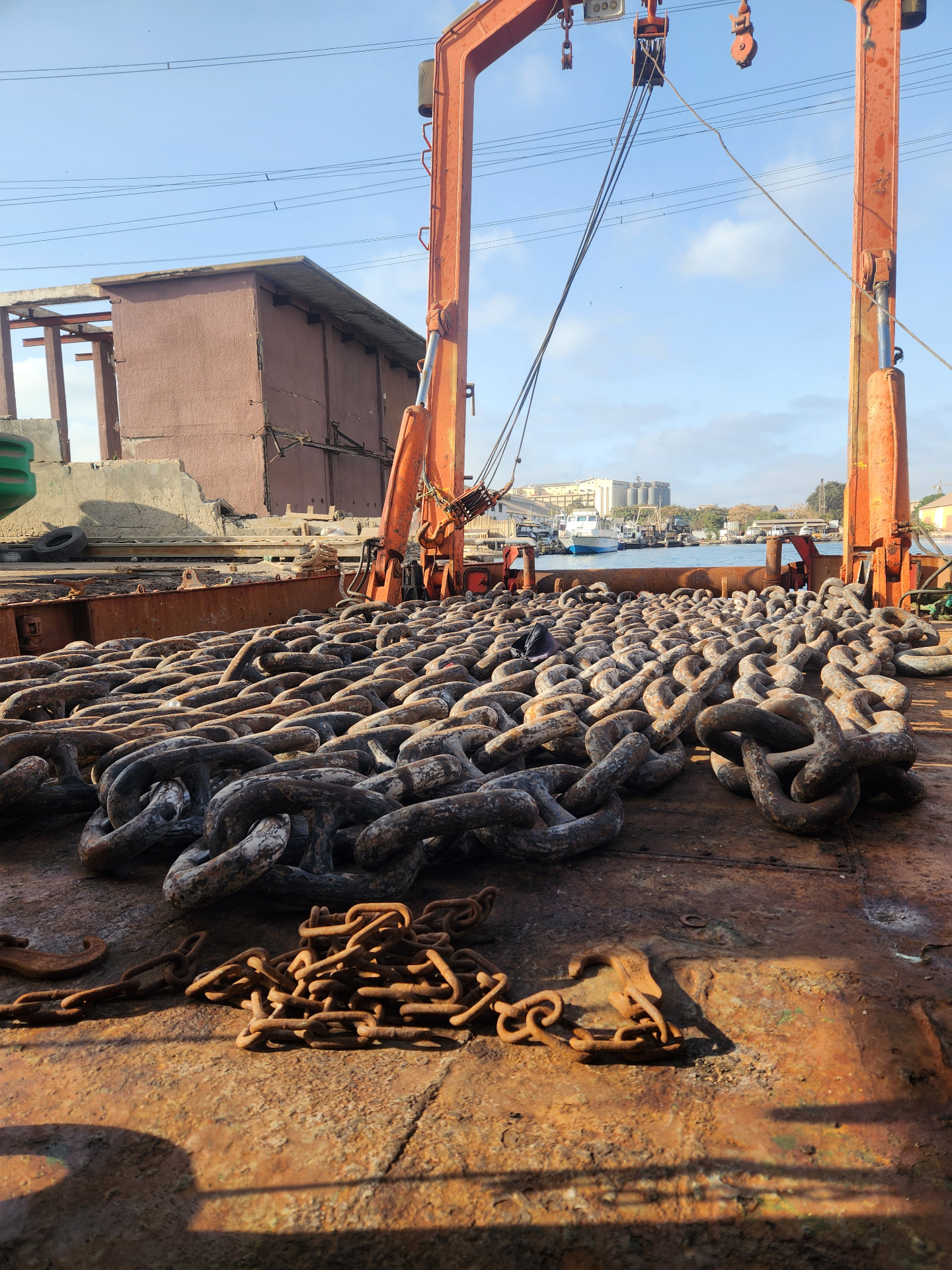 Coiled mooring chains staged on deck