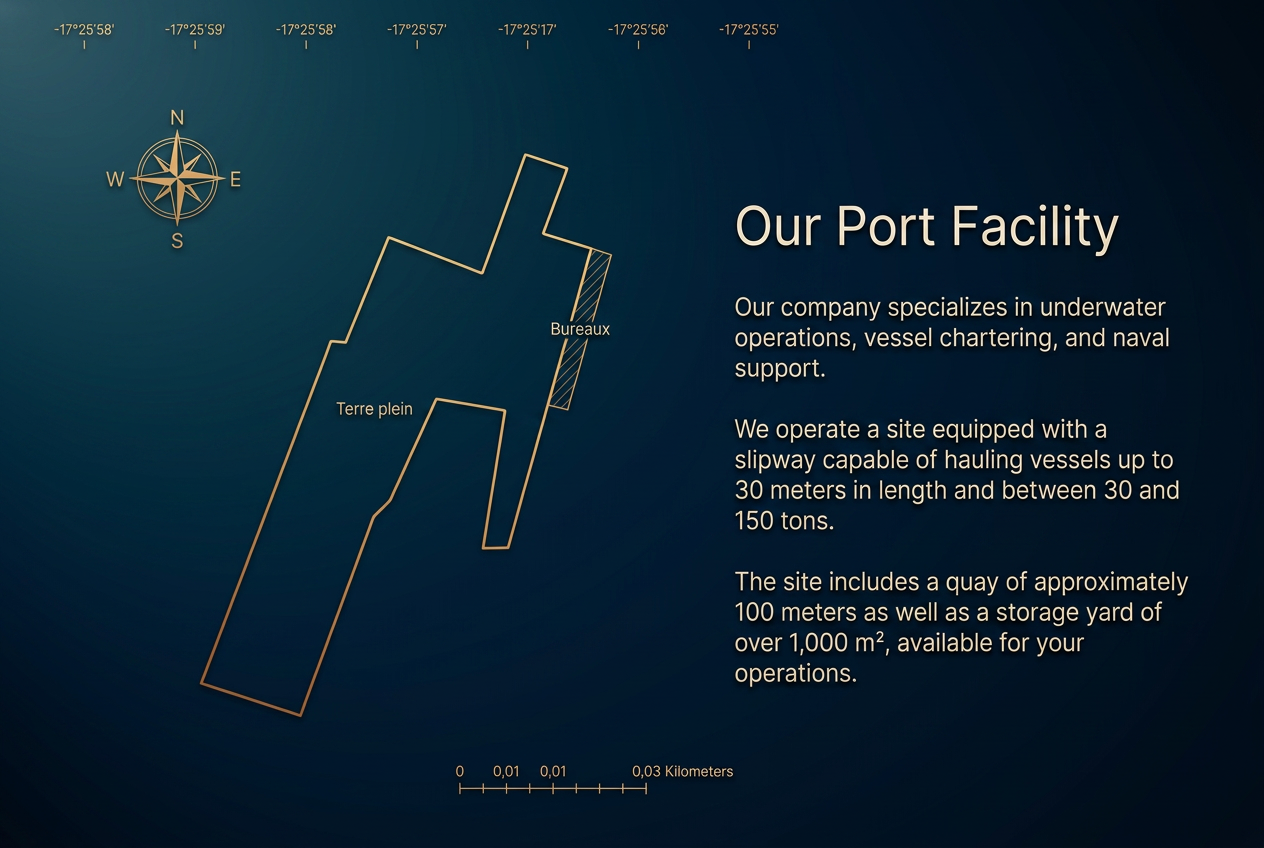 Cinematic map of the PRO & SYS port facility with slipway, quay and storage yard