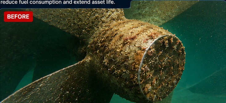 Ship propeller heavily fouled with marine growth before cleaning